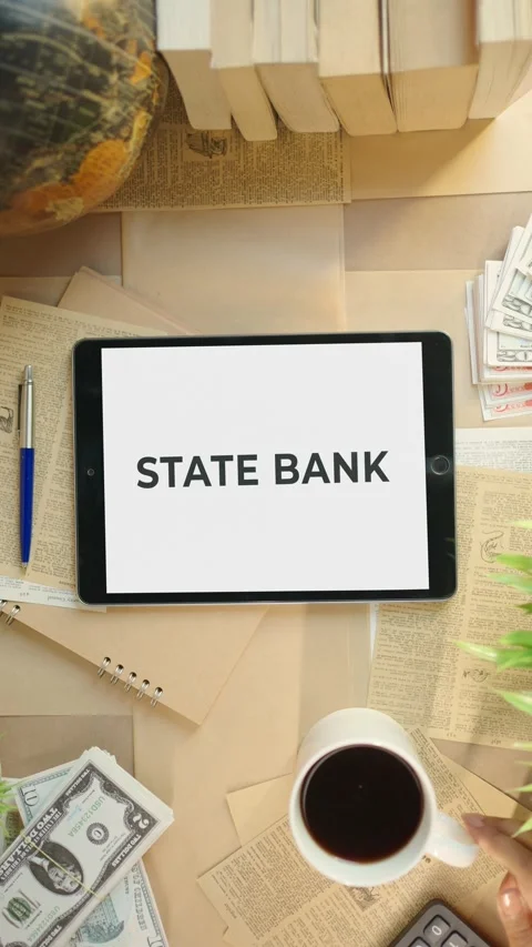 VERTICAL VIDEO OF STATE BANK DISPLAYING ON FINANCE TABLET SCREEN Stock Footage 308093428