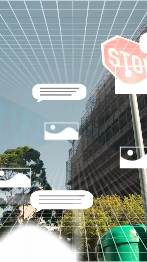 Vertical video: Stop sign anchoring while 3D grid rising spawning UI icons for Stock Footage 333896433