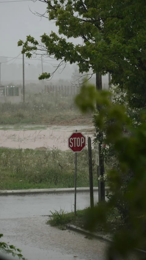 Vertical video of stop sign at empty road intersection during downpour. Stock Footage 335475168