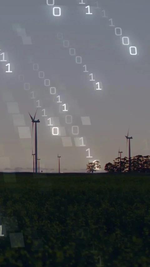 Vertical video: Streaming binary overlay descending over farm sky above wind Stock Footage 334544591