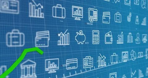 Vertical video: Streaming feed driving icons updating data on blue grid, green Stock Illustration
