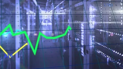 Vertical video: Streaming feed moving charts across racks in server aisle for Stock Footage 331634317
