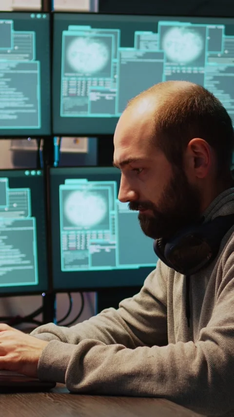 Vertical video: Stressed IT coder hacking security system on computer 動画素材 220335172