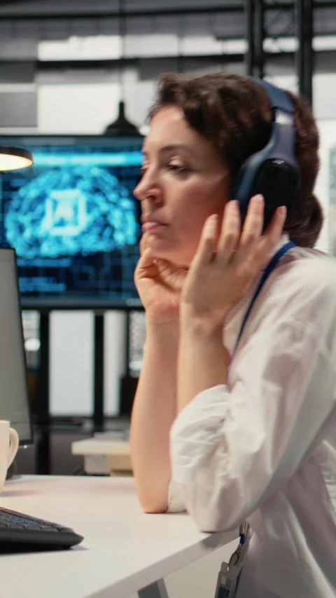 Vertical video Stressed programmer in office listening music to relax while 스톡 동영상 323236780
