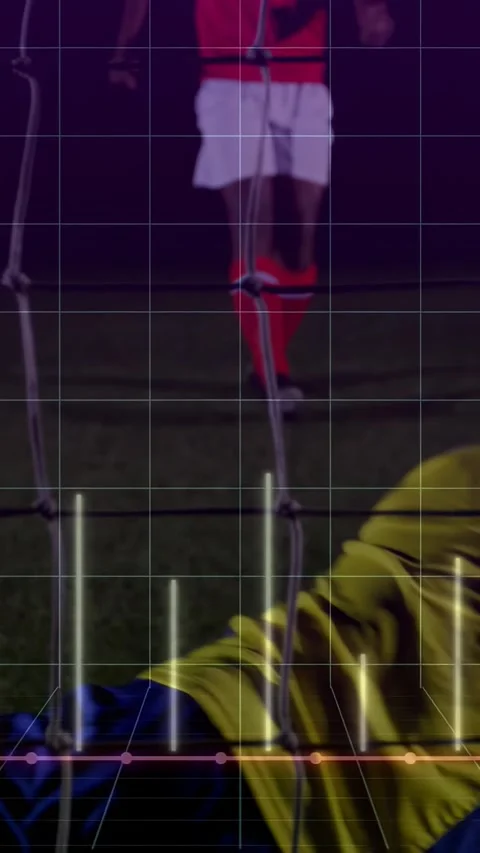 Vertical video: Striker moving ball near goal, activating 3D grid and data bars Video stock 331029782