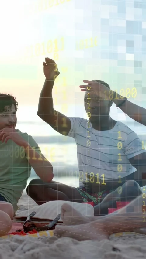 Vertical video: Striped man raising hand leading shore game as tech grid Stock Footage 333821685