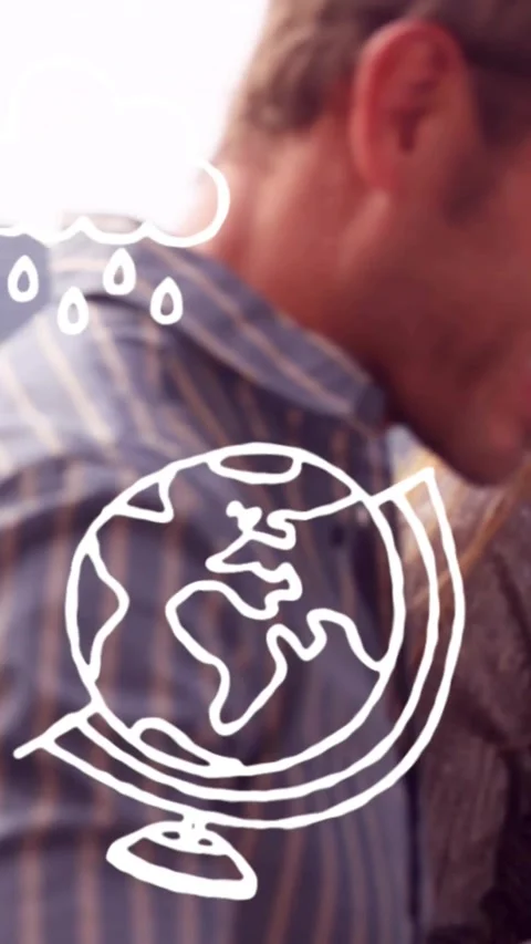 Vertical video: Striped man turning smiling on deck pan making globe cloud over Stockbeeldmateriaal 331030514