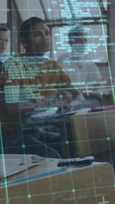 Vertical video: Student adjusting and writing notes while HUD grid and code Video stock 331238392