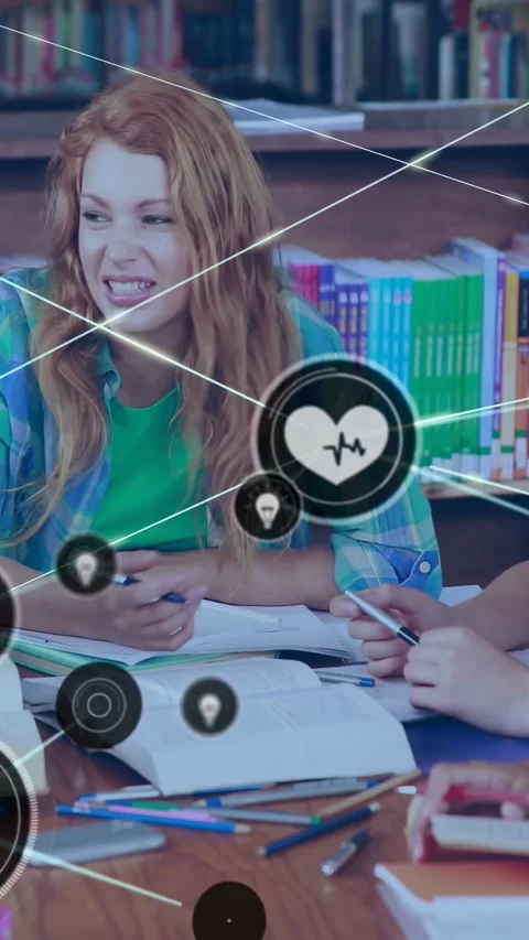 Vertical video: Student gesturing pen starting expanding icon network over table Video stock 329913341