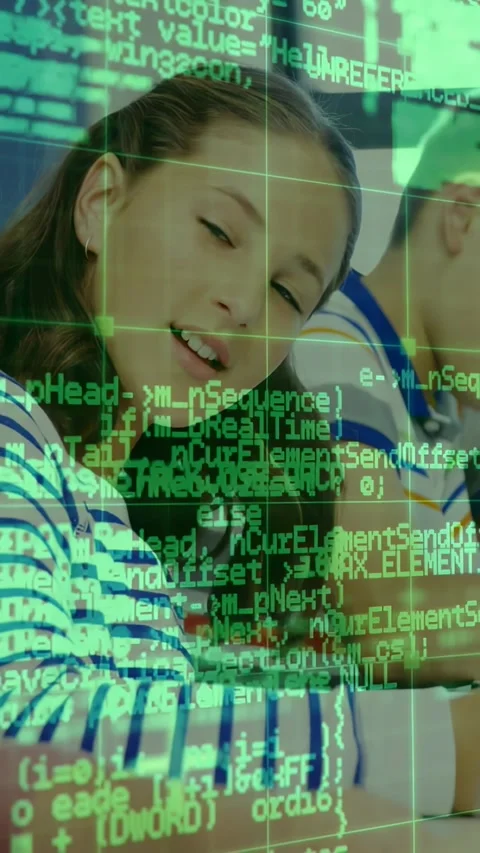 Vertical video: Student hearing cue, looking up and reacting in class with code Stock Footage 331238400