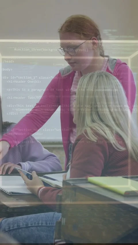 Vertical video: Student leaning pointing laptop causing code overlay marking Stock-Footage 335264278