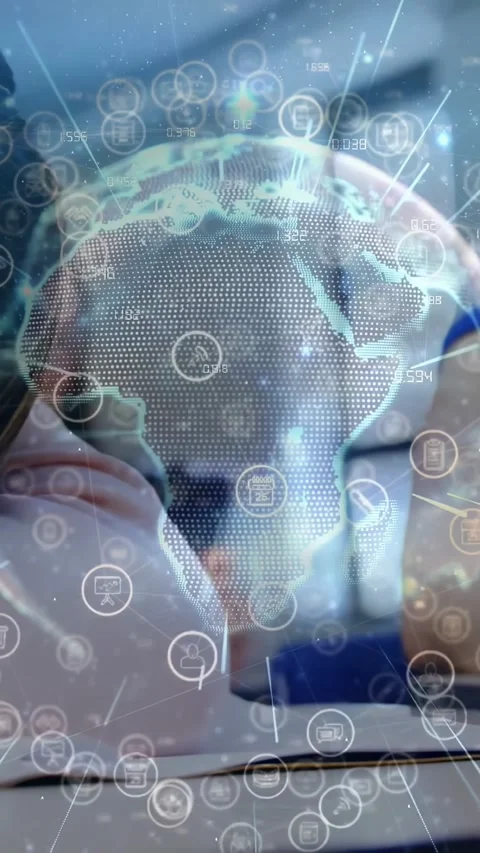 Vertical video: Student leaning on school desk, causing clear AR globe and icons Stock Footage 331238432