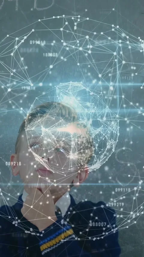 Vertical video: Student looking up starting hologram globe forming around head Stock Footage 331050264