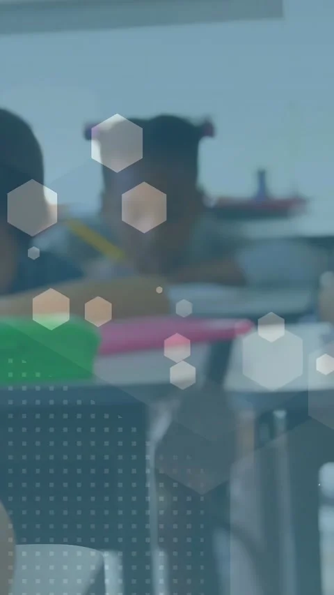 Vertical video: Student placing pencil and writing work, hex dots overlay Stock Footage 333542143