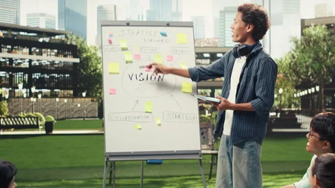 Vertical Video Student presenter standing beside strategy whiteboard and Stock Footage 340794396