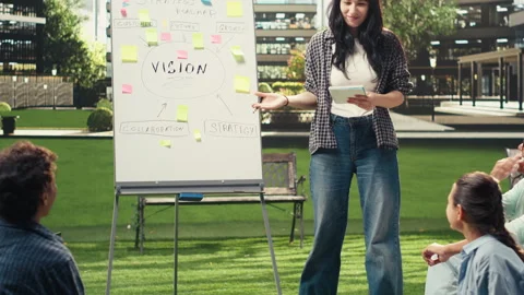 Vertical Video Student presenting strategy whiteboard with sticky notes while Stock Footage 340794512
