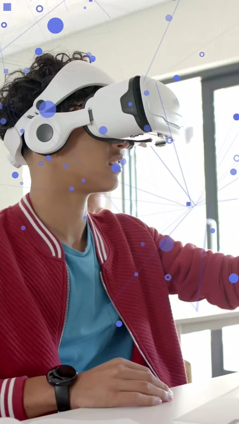 Vertical video: Student reaching for VR headset and starting blue UI and using Stock Footage 333744644