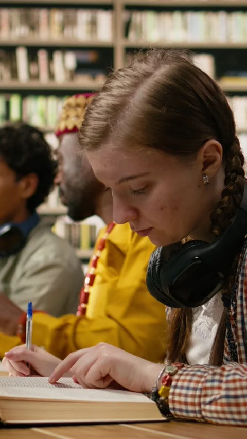 Vertical Video Student reading open book closely at wooden library table Stock Footage 337529060