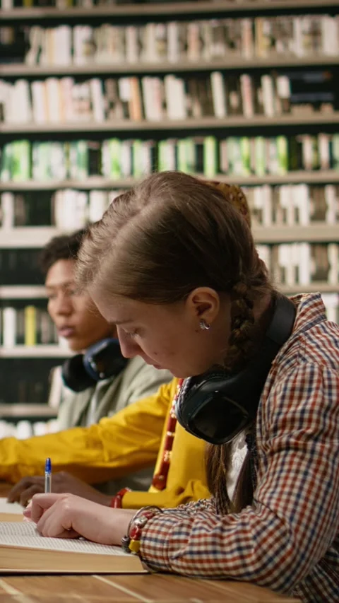 Vertical Video Student reading textbook and browsing computer at library study Stock Footage 337528936