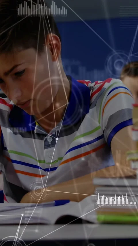 Vertical video: Student reading then writing while HUD showing notes and school Stock Footage 334540887