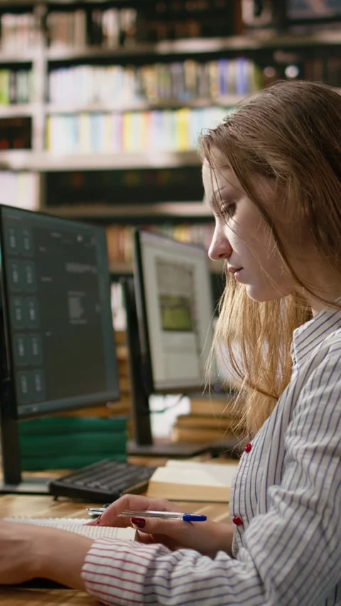 Vertical Video Student research AI brain visuals on desktop computer while Stock Footage 337529195