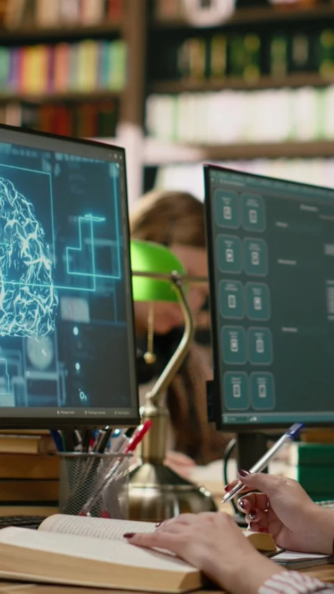 Vertical Video Student research AI brain visuals on desktop computer while Stock Footage 337530695
