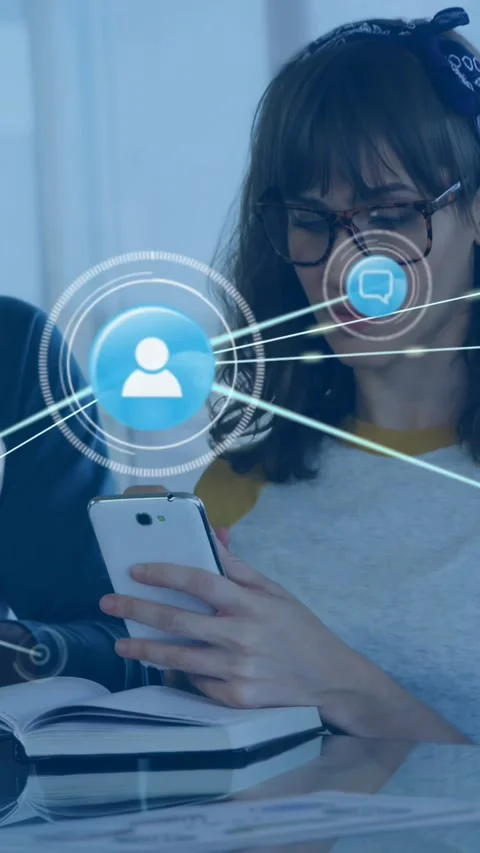 Vertical video: Student tapping phone, pulsing UI forming node network Stock Footage 331199039