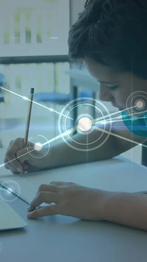Vertical video: Student touching pencil to paper sparking animated node network Stock Footage 331163030
