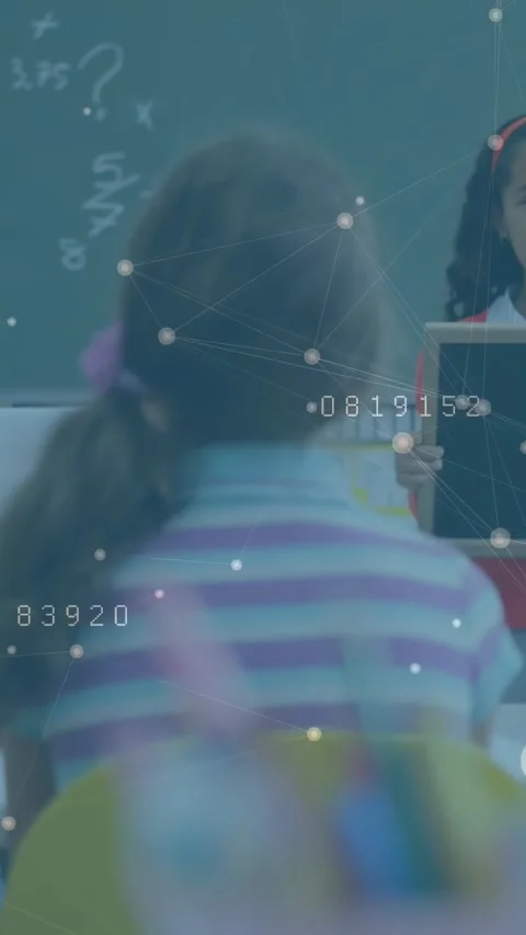 Vertical video: Student turning as peer coming with slate showing reply class Stock Footage 331238031