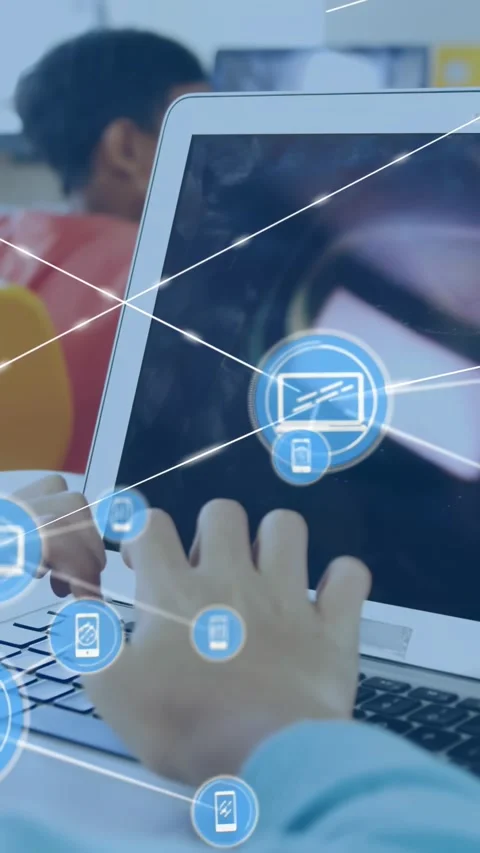 Vertical video: Student typing laptop, starting blue device network growing Stock Footage 329840480