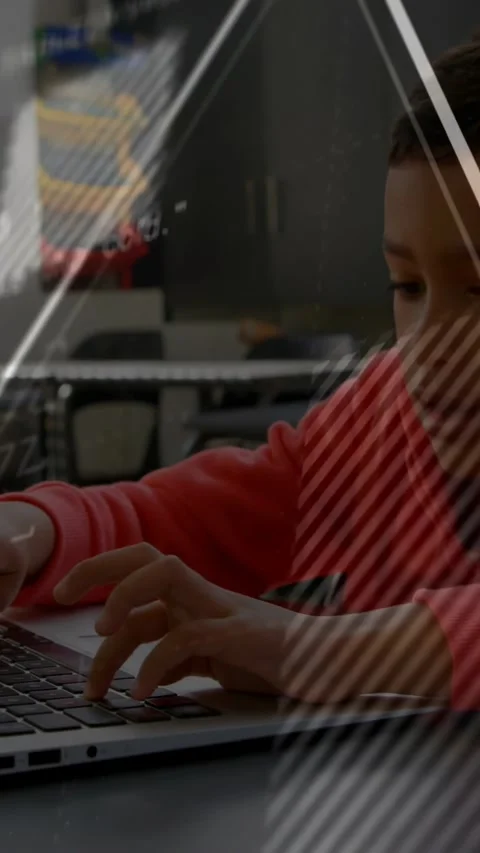 Vertical video: Student typing on laptop, initiating math overlays and charts Stock Footage 331274040