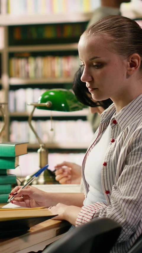 Vertical Video Student in university library distracted by smartphone Stock Footage 336380271