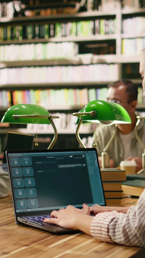 Vertical Video Student uses laptop with AI chatbot interface at library table Stock Footage 336379875