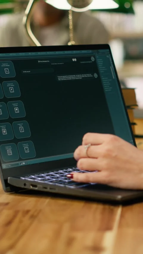 Vertical Video Student uses laptop with AI chatbot interface at library table Stock Footage 336380756