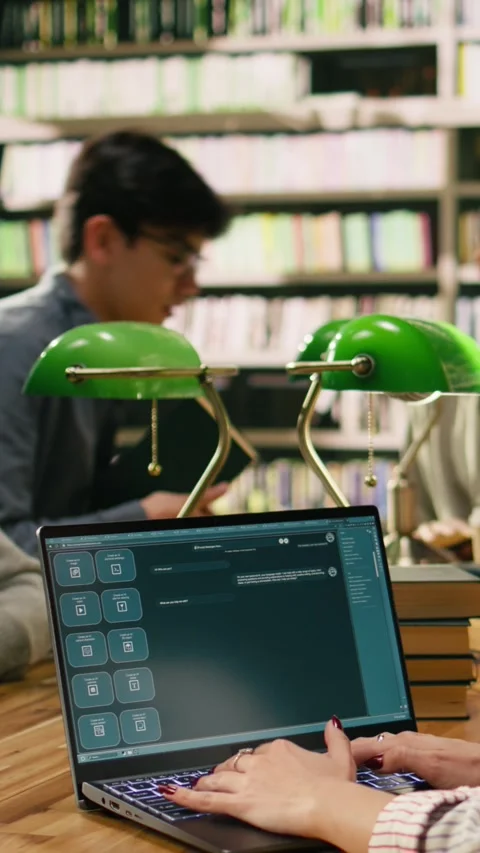 Vertical Video Student using AI study assistant interface on laptop during group Stock Footage 336379920