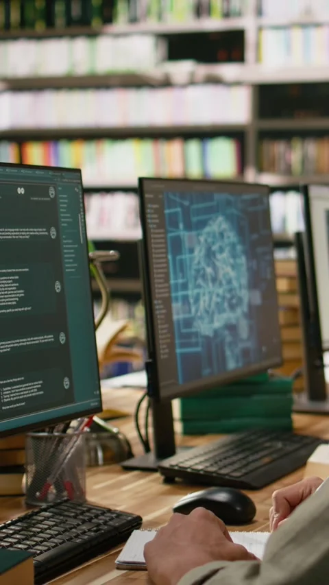 Vertical Video Student using AI brain on desktop and studying in library Stock Footage 337529046