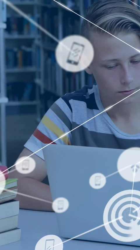 Vertical video: Student using laptop in library line sweep starting WiFi cell Stock Footage 329840478