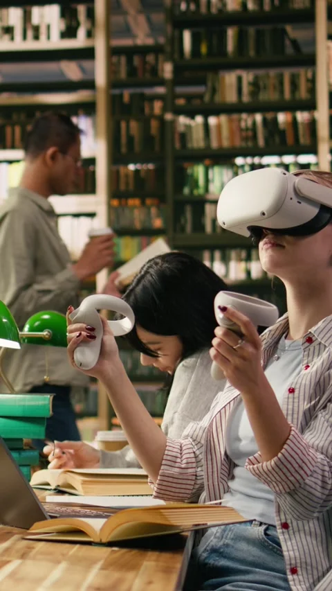 Vertical Video Student using virtual reality headset and hand controllers at Stock Footage 336378958