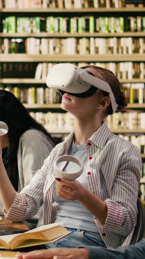 Vertical Video Student using VR device and controller to explore immersive Stock Footage 336379061