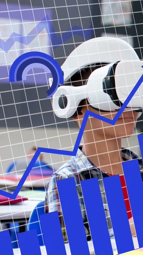 Vertical video: Student wearing VR headset using tablet charts growing right Stock Footage 335513860