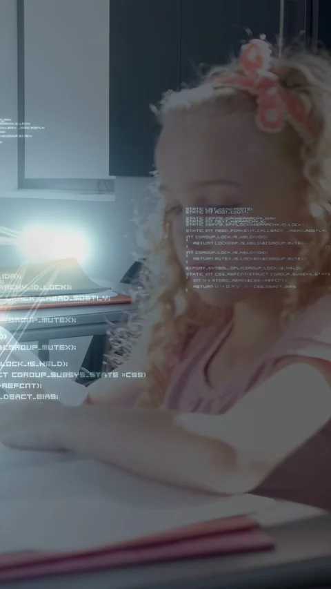 Vertical video: Student writing in book and turning pages, causing digital text Stock Footage 334770518