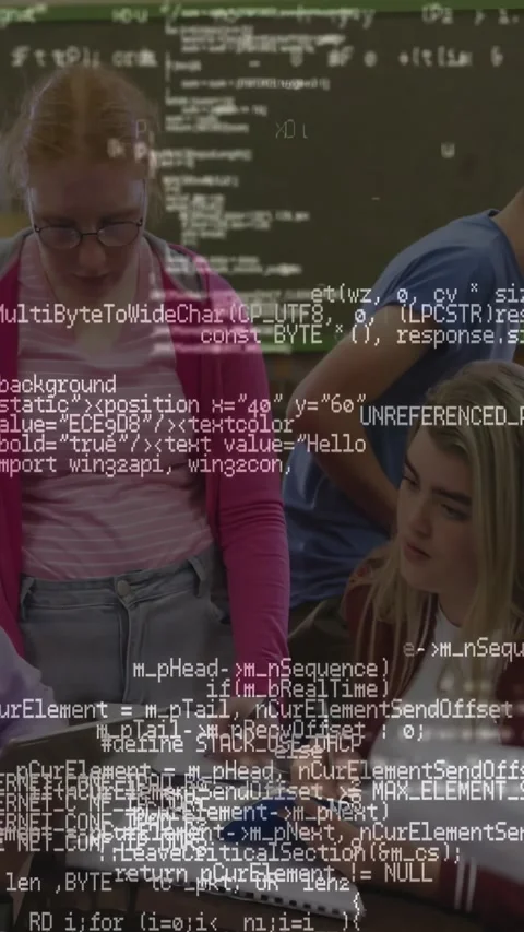 Vertical video: Students collaborating in education, scrolling code overlay Stock Footage 331274129