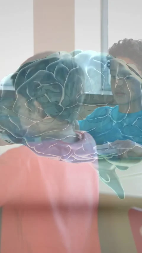 Vertical video: Students eating at table for snack, brain graphic fading in Stock Footage 328350268
