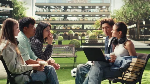 Vertical Video Students meeting for group study collaboration on campus Stock Footage 340797067