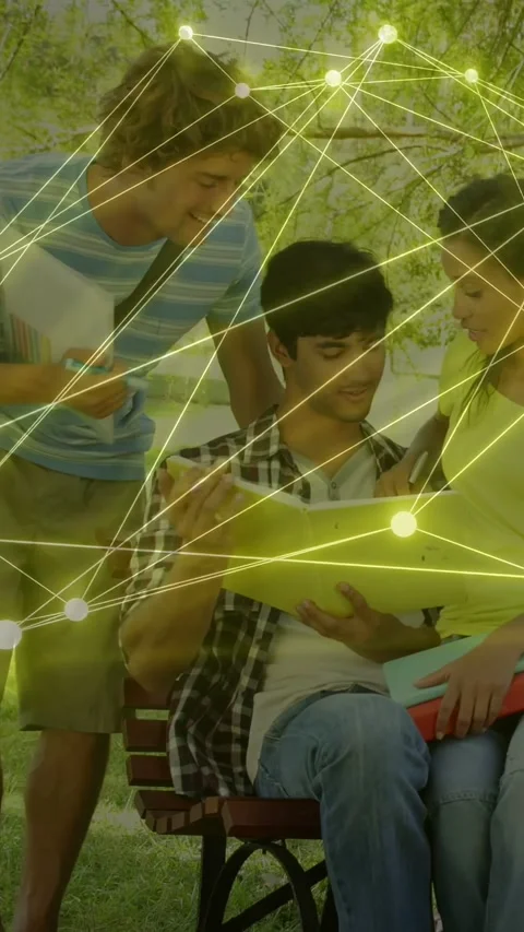 Vertical video: Students opening yellow folder, pointing pen, node overlay Video stock 333912929