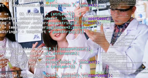 Vertical video: Students raising flask observing reaction in lab, code overlay Stock Footage 331197650