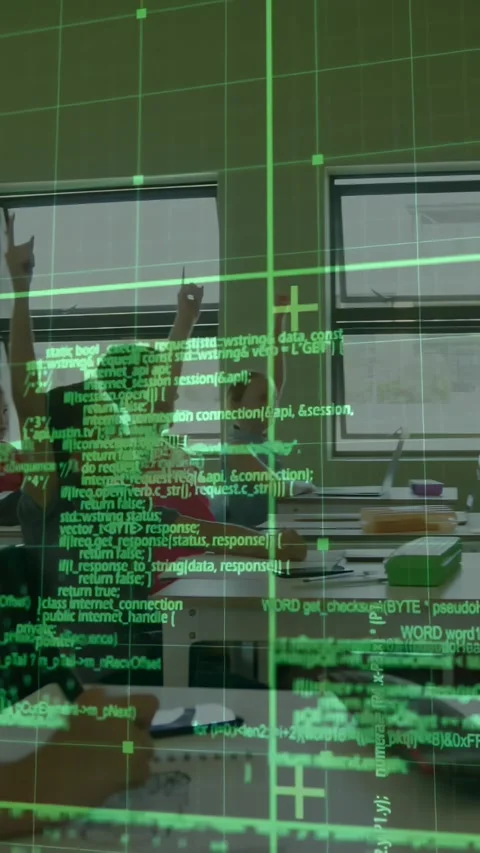 Vertical video: Students raising hands answering as teacher entering pointing Stock Footage 331274175