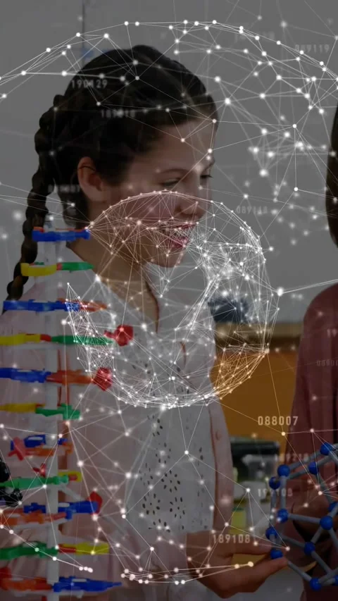 Vertical video: Students rotating models as camera pan, node network overlaying Stock Footage 334543813