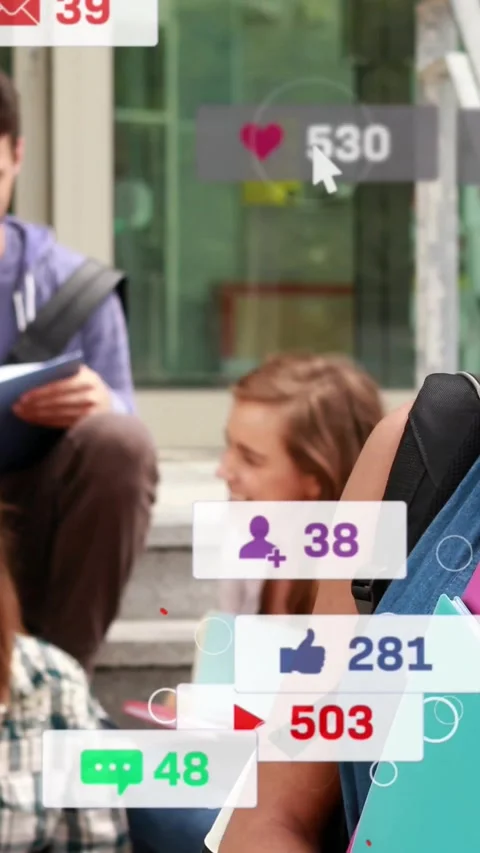 Vertical video: Students on steps, peer entering, notifications popping over Vídeo Stock 334604768