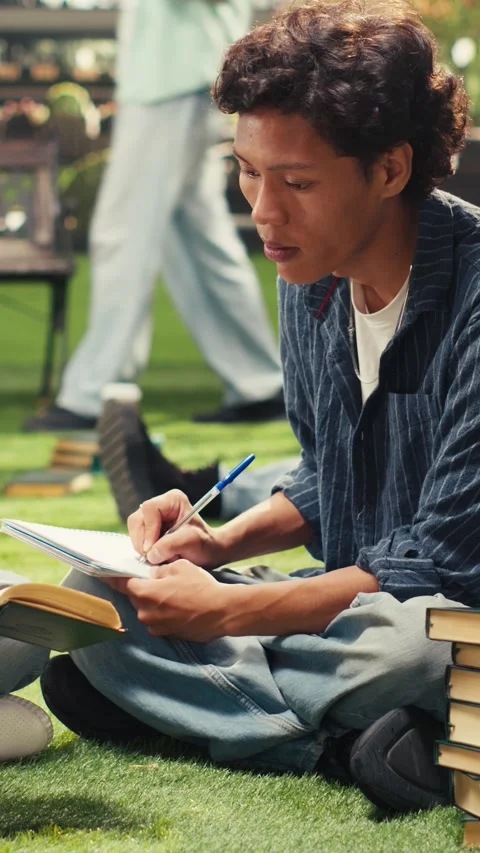 Vertical Video Students taking notes sitting on grass beside stacked books on Stock Footage 341316591